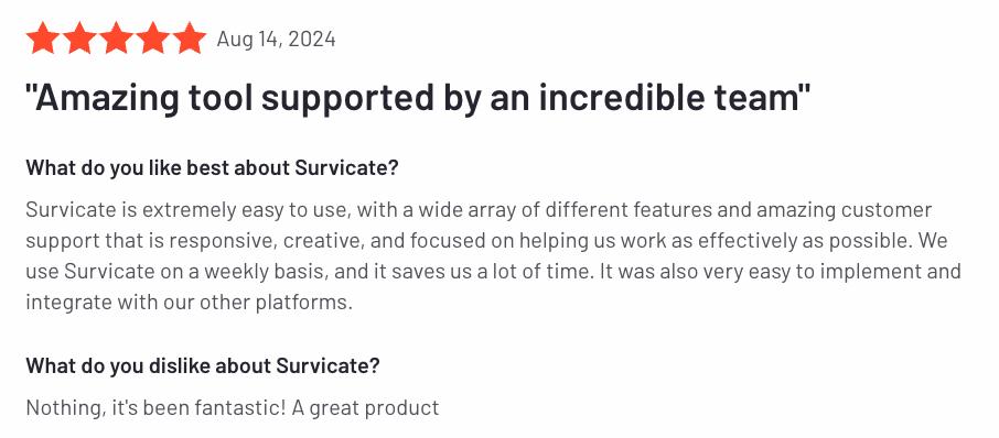 a customer review of Survicate on G2