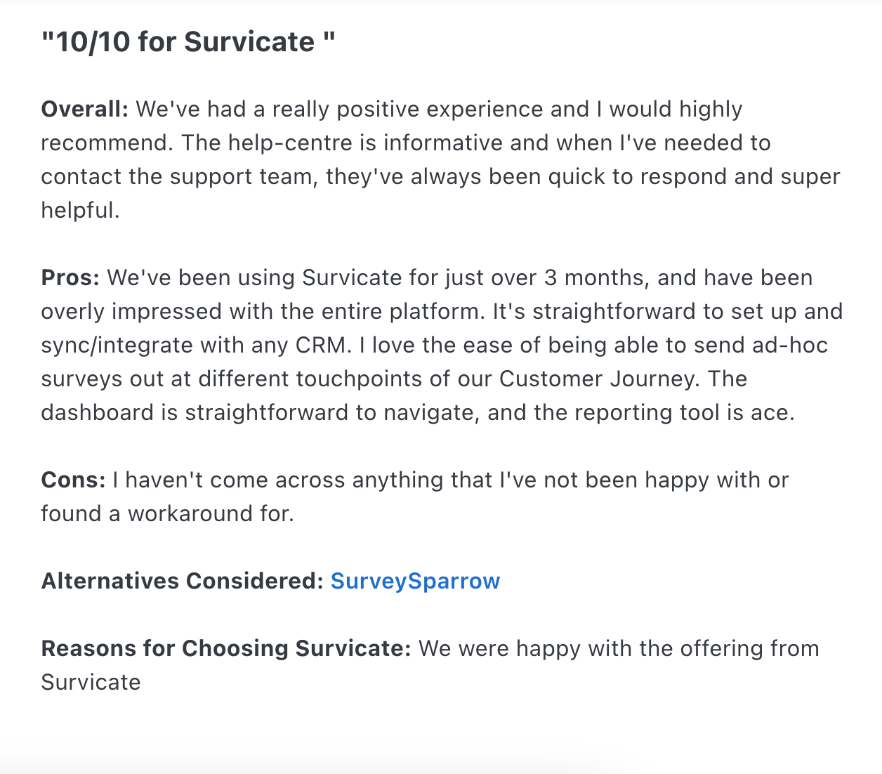Review of Survicate from a customer who switched from Hotjar, discusses segmenting respondents