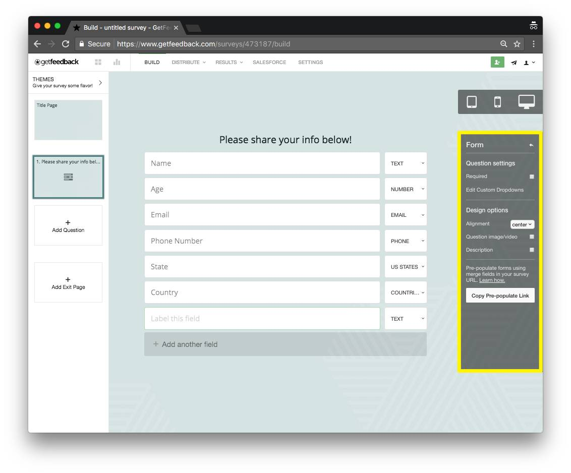 Example survey build with GetFeedback